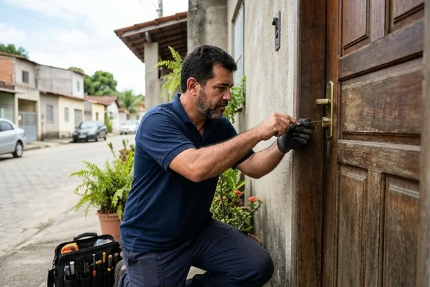 Chaveiro em São Mateus abrindo uma porta com ferramentas.