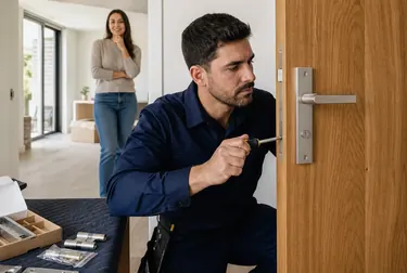 Chaveiro instalando uma fechadura em uma porta em São Mateus.